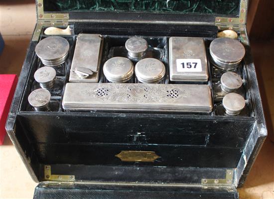 Victorian Gentlemans Dressing Case in green morocco leather, lidded boxes with family crest, hallmarked London 1844 marks for FD